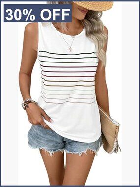 Striped Sleeveless Crewneck Tank Top Loose Fit Casual Summer Beach Top